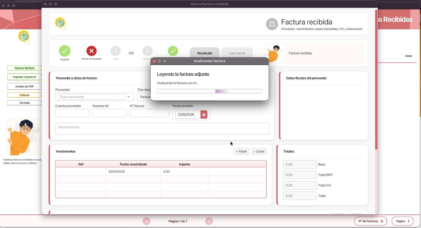 SigPyme analizando con inteligencia artificial el PDF de una factura recibida, con la ventana de progreso sobre la ficha todavía vacía.