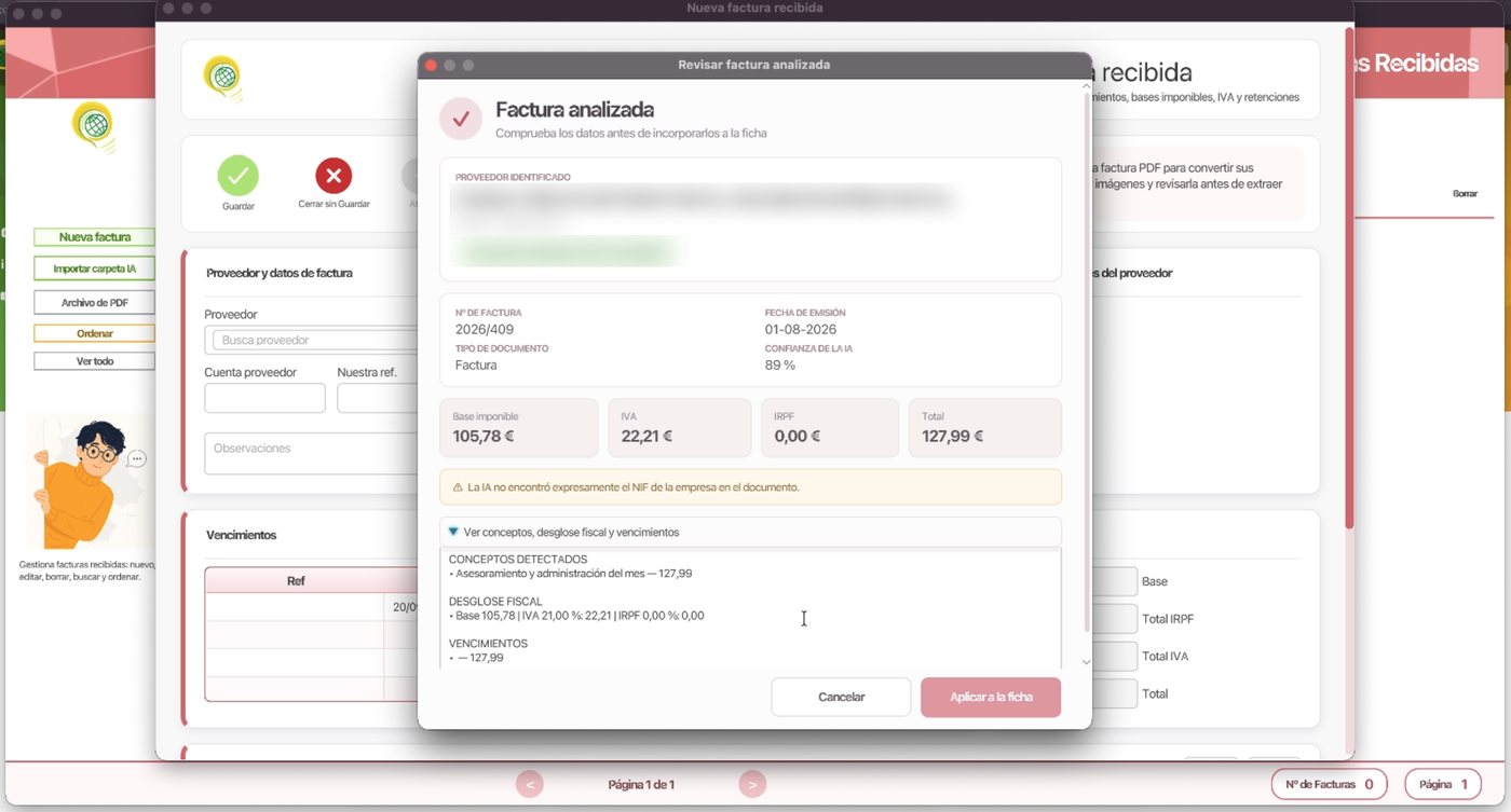 Pantalla de revisión de una factura recibida analizada por SigPyme: proveedor identificado, número, fecha, confianza de la IA del 89 %, base imponible, IVA, IRPF y total, con un aviso y los botones Cancelar y Aplicar a la ficha.