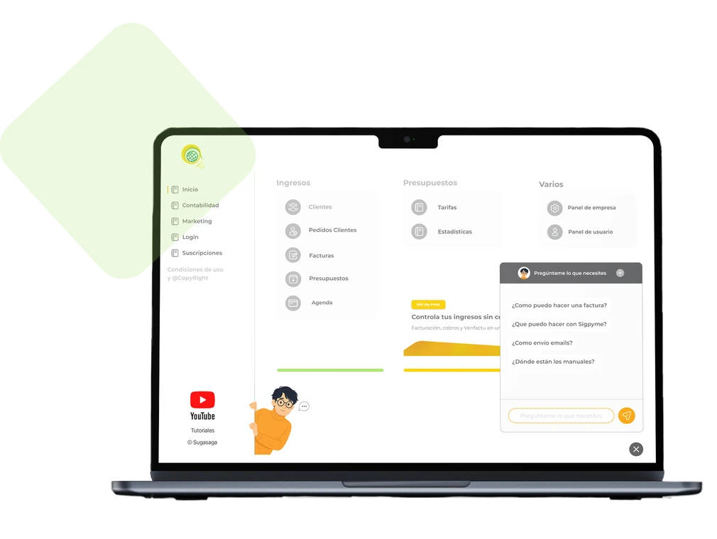 SigPyme abierto en un MacBook: panel de gestión con clientes, pedidos, facturas, presupuestos y contabilidad, y el asistente de inteligencia artificial abierto a la derecha.